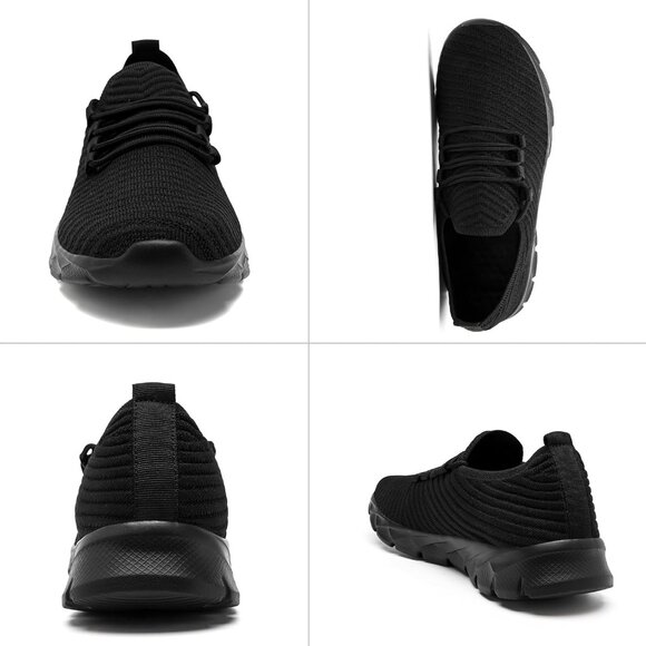 Men's Black Gym Sneaker Running Breathable Lightweight Walking Slip on Shoes - Picture 5 of 6